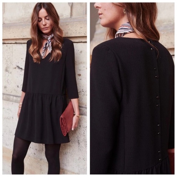 Sezane Dresses & Skirts - sezane Gilly wide a-line v-neck 3/4 sleeves button back lined black Mini Dress.